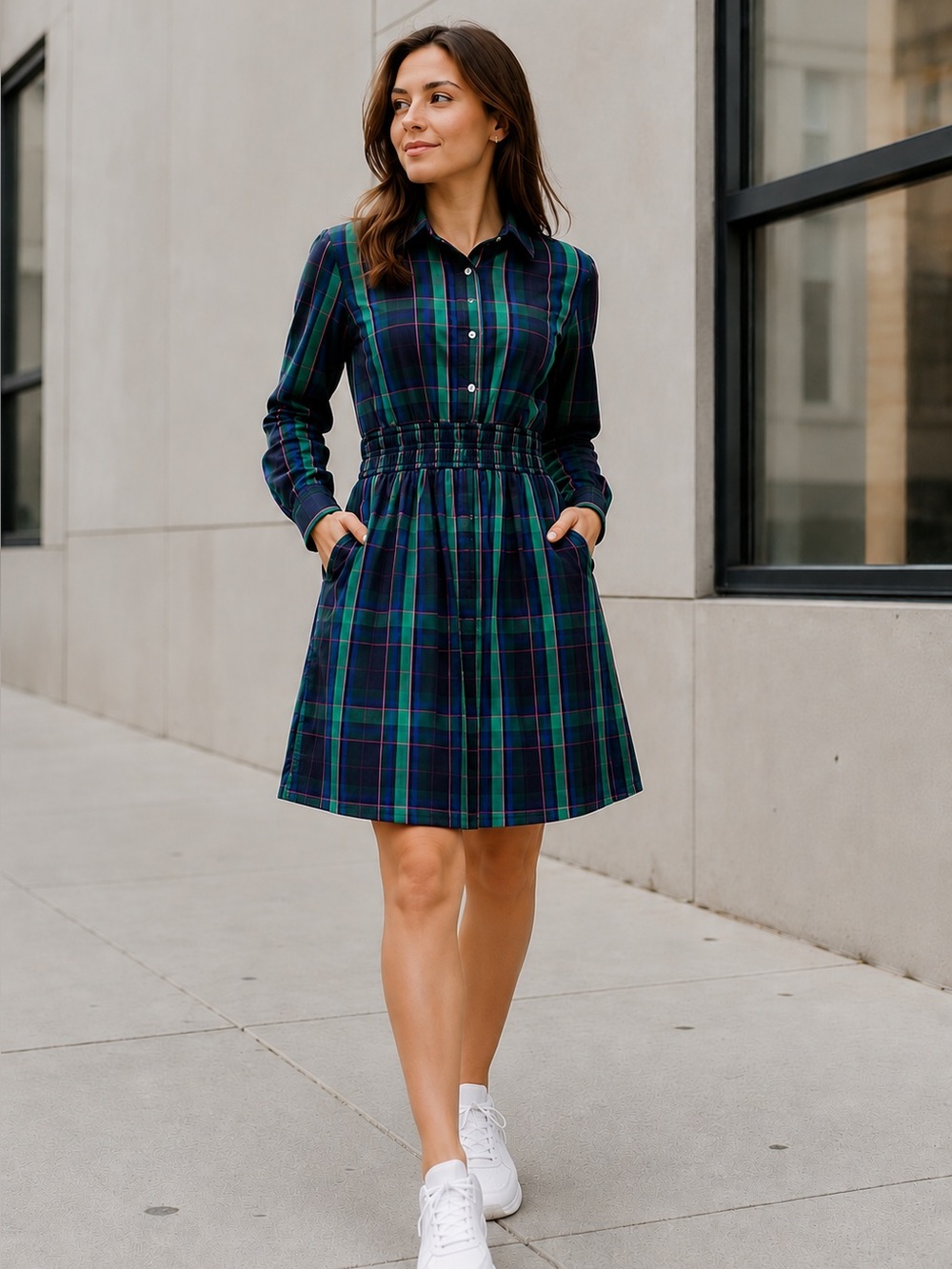 Free Assembly Plaid Cotton Shirt Dress M Green Blue Pink Smocked Waist